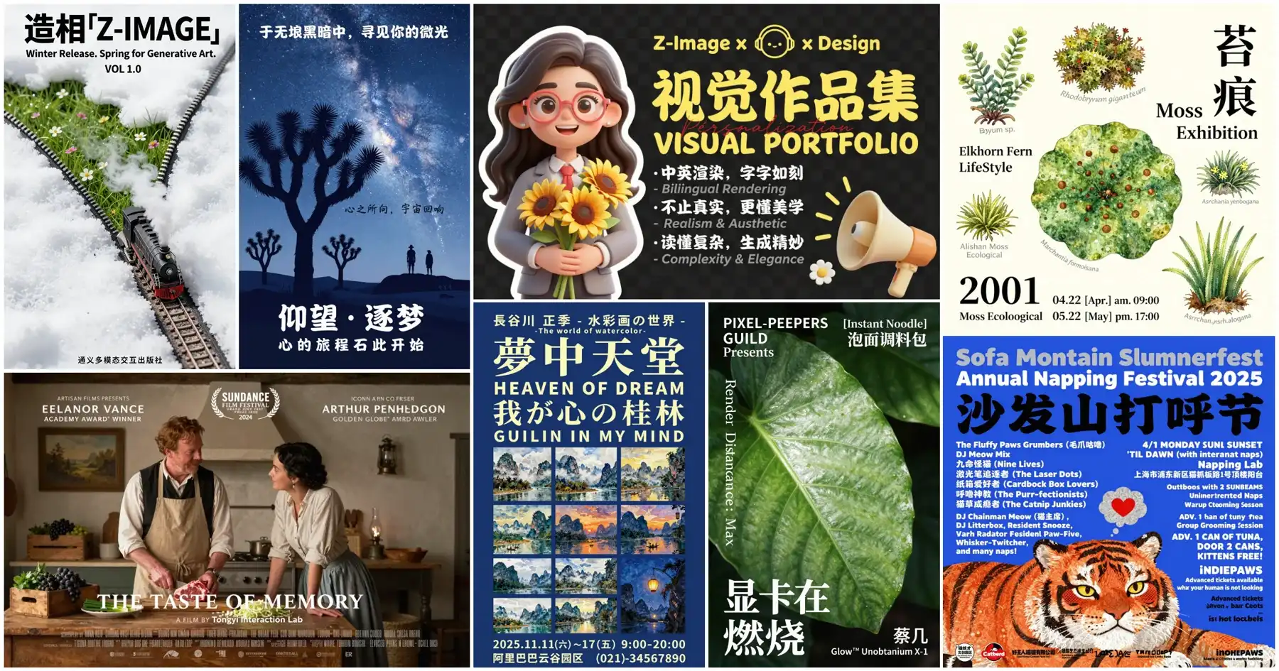 Z-Image-Turbo官方中英文文字展示,包含视觉作品集、展览与活动海报