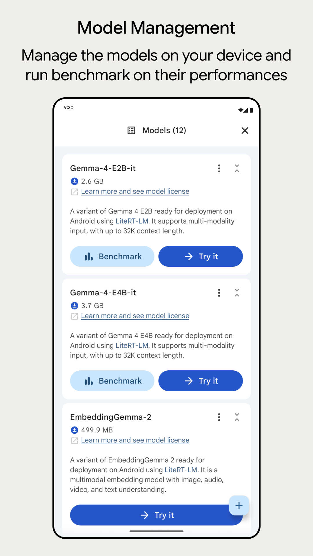 Google AI Edge Gallery官方模型管理预览,模型卡包含下载体积、许可入口及Benchmark与Try it按钮