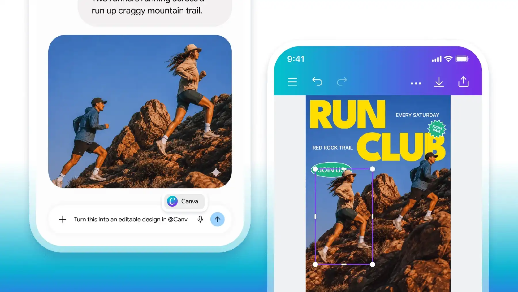 Canva官方跑团案例,左侧生成的跑步图进入右侧可编辑RUN CLUB海报,人物有独立选框