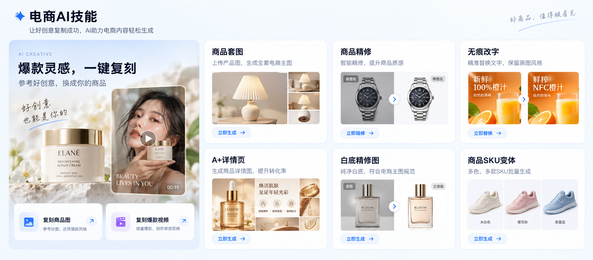 稿好了官网电商 AI 技能总览，含套图、精修、改字与详情页示意（官网原始示意素材，2026-10-19 核验）